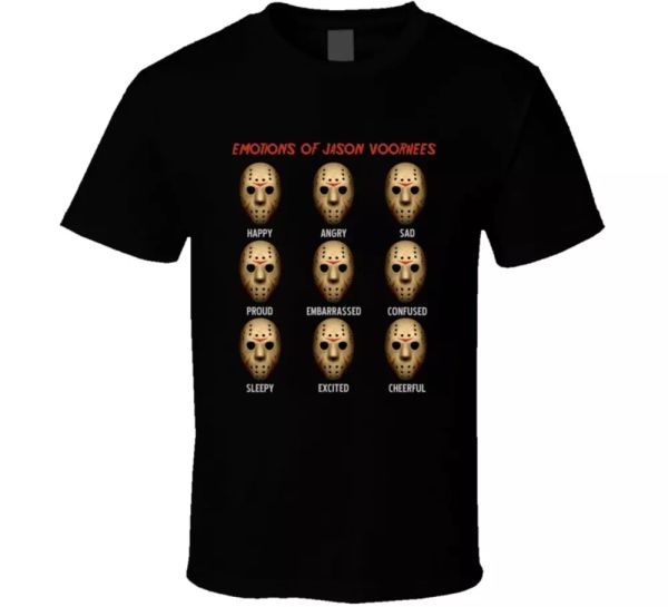 emotions of jason voorhees friday the 13th horror funny parody fan t shirt, White;black
emotions of jason voorhees friday the 13th horror funny parody fan t shirt, White;black