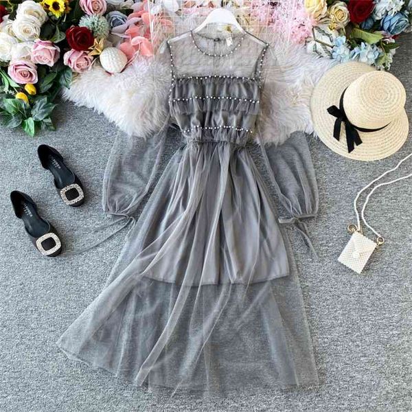 women retro chic sweet nail bead pleated mesh dress lady long sleeve elegant vestidos k807 210527, Black;gray
women retro chic sweet nail bead pleated mesh dress lady long sleeve elegant vestidos k807 210527, Black;gray