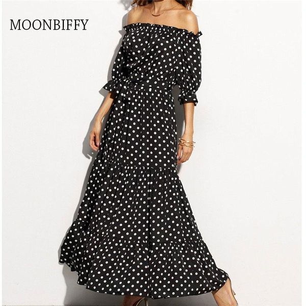 women's swimwear 2021 casual print polka dot long maxi dress women off shoulder backless boho sundress lady summer beach party, White;black
women's swimwear 2021 casual print polka dot long maxi dress women off shoulder backless boho sundress lady summer beach party, White;black