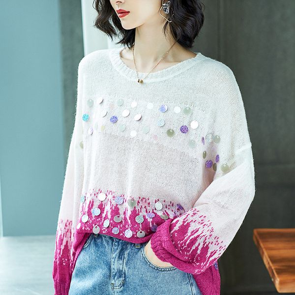 sweaters new ladies style loose casual gradient color heavy craft sequin pullover sweater, White;black
sweaters new ladies style loose casual gradient color heavy craft sequin pullover sweater, White;black