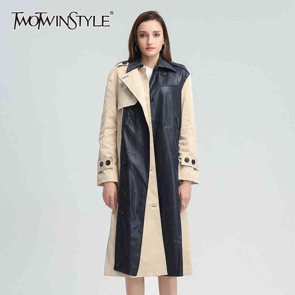 patchwork casual leather pu trench for women lapel long sleeve with sashes hit color windbreaker female autumn 210524, Black 
patchwork casual leather pu trench for women lapel long sleeve with sashes hit color windbreaker female autumn 210524, Black