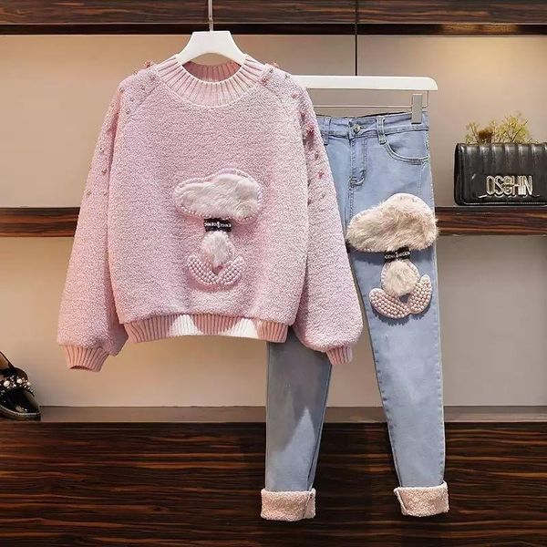 women's two piece pants autumn winter chic cute dog appliques 2 set women warm fleece beaded +elegant denim long suits, White
women's two piece pants autumn winter chic cute dog appliques 2 set women warm fleece beaded +elegant denim long suits, White