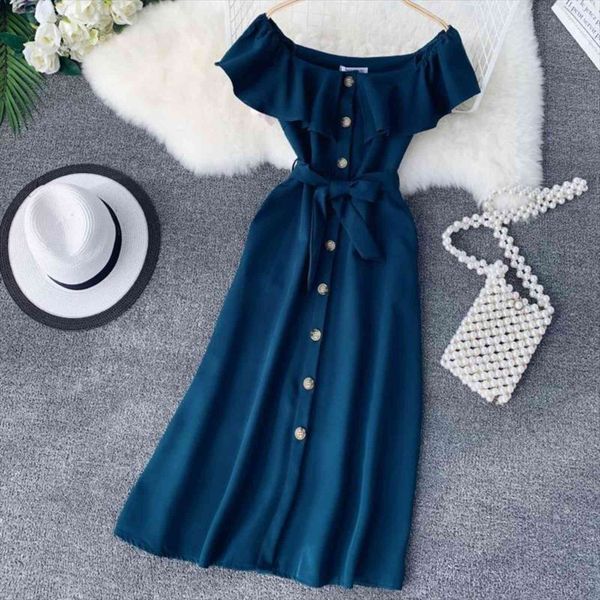 slash neck chiffon summer womens dress off shoulder ruffles single breasted high waist sashes vestidos, Black;gray
slash neck chiffon summer womens dress off shoulder ruffles single breasted high waist sashes vestidos, Black;gray