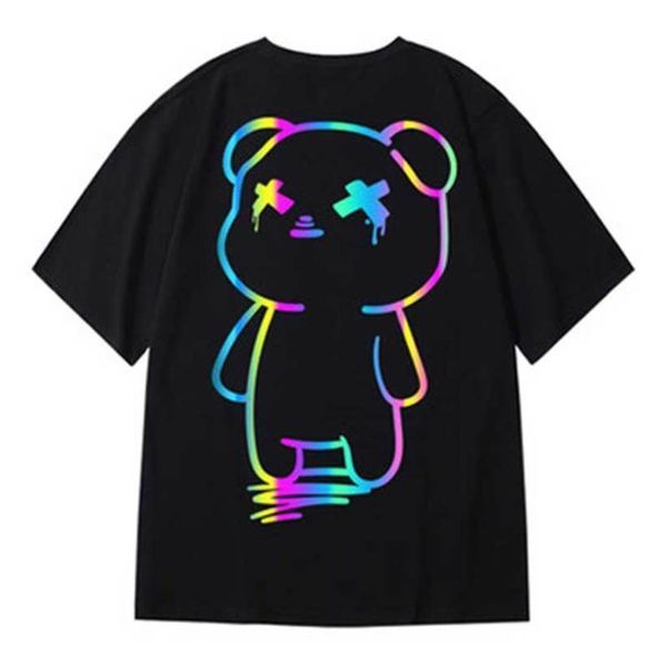 large cartoon bear print rainbow reflective t-shirt, harajuku street clothing, casual cotton medium sve t-shirt, White;black
large cartoon bear print rainbow reflective t-shirt, harajuku street clothing, casual cotton medium sve t-shirt, White;black