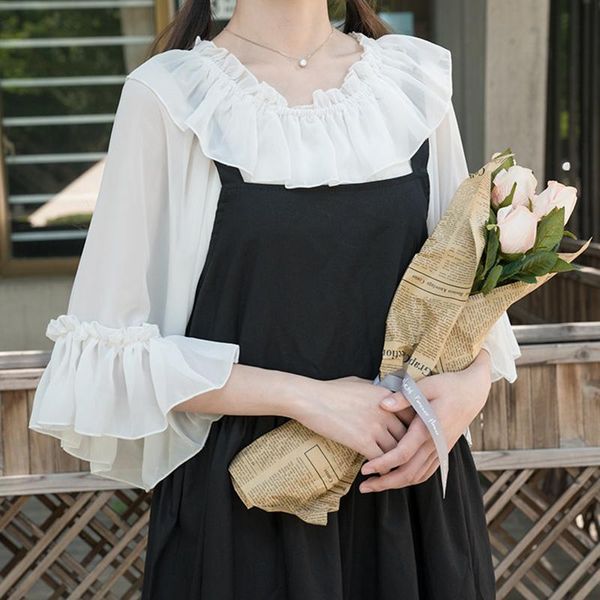 women's blouses & shirts 3 color summer kawaii lolita inside shirt transparent female chiffon cute ruffled short sleeves women, White
women's blouses & shirts 3 color summer kawaii lolita inside shirt transparent female chiffon cute ruffled short sleeves women, White