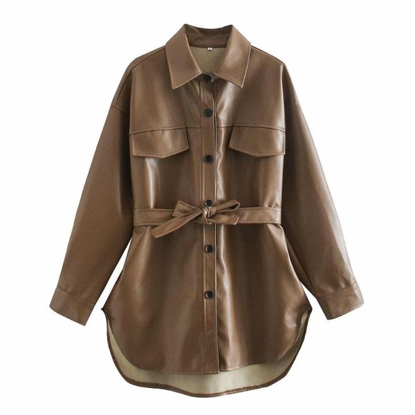 women's leather & faux 2021 jacket long sleeve tie belt street wear coat fashion pu shirt, Black
women's leather & faux 2021 jacket long sleeve tie belt street wear coat fashion pu shirt, Black