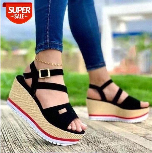 european and american large size solid color buckle strap wedge sandals women's shoes #tj9k, Black 
european and american large size solid color buckle strap wedge sandals women's shoes #tj9k, Black