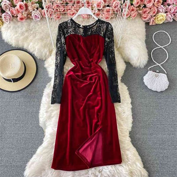 women's autumn and winter split velvet retro o-neck lace splicing long sleeve buttock dress d068 210507, Black;gray
women's autumn and winter split velvet retro o-neck lace splicing long sleeve buttock dress d068 210507, Black;gray