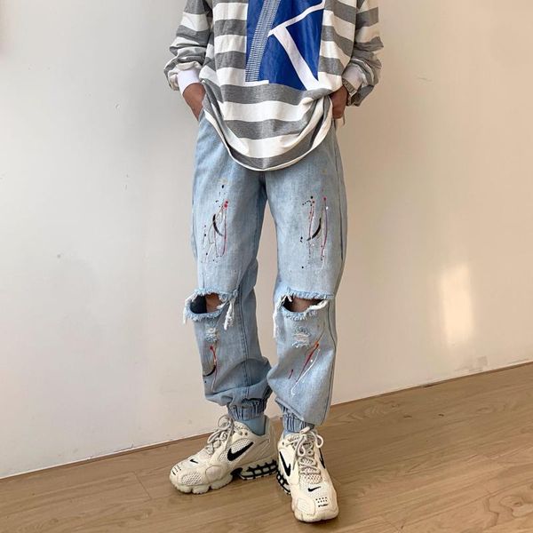 men's jeans fashion ripped hip hop distressed baggy men printed ankletied pants denim trousers graffiti, Blue
men's jeans fashion ripped hip hop distressed baggy men printed ankletied pants denim trousers graffiti, Blue