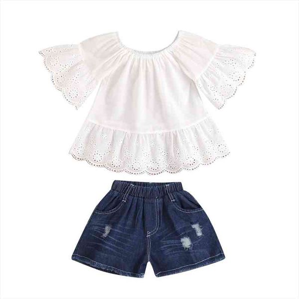1-7y summer lovely kids girls clothes sets 2pcs lace flare sleeve dress blue denim shorts, White
1-7y summer lovely kids girls clothes sets 2pcs lace flare sleeve dress blue denim shorts, White