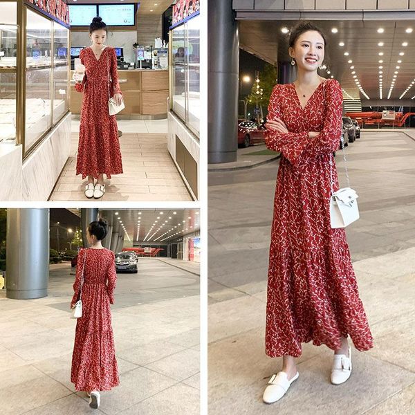 casual dresses 2021 autumn spring women red dress elastic waist v neck floral printed long korean stylevintage slim fit femmin vestidos, Black;gray
casual dresses 2021 autumn spring women red dress elastic waist v neck floral printed long korean stylevintage slim fit femmin vestidos, Black;gray