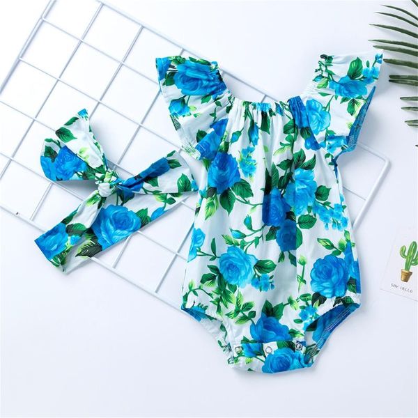 rompers floral baby girls clothes summer 2021 outfits born infant sleeve ruffle romper headbands 0-24 months, Blue