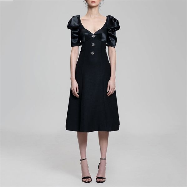women summer elegant fashion long dress black velvet short puff sleeve crystal button celebrity party 210525, Black;gray
women summer elegant fashion long dress black velvet short puff sleeve crystal button celebrity party 210525, Black;gray