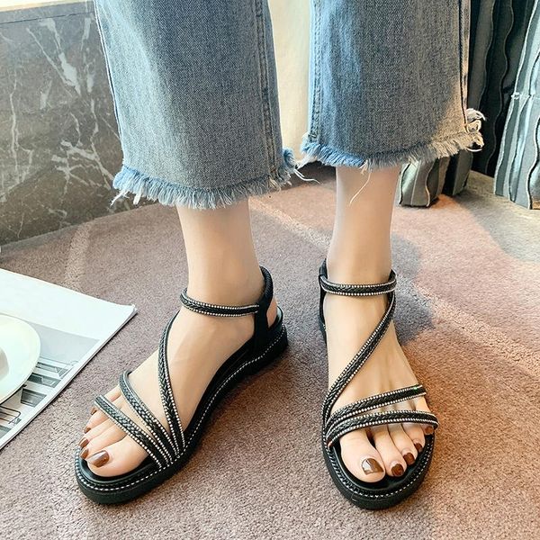sandals 2021 rhinestone platform elastic ankle strap mid heels women flats shoes fashion summer casual hollow pu leather, Black
sandals 2021 rhinestone platform elastic ankle strap mid heels women flats shoes fashion summer casual hollow pu leather, Black