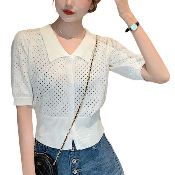 women's t-shirt button down knitted , short sleeve lapel v neck hollow out t-shirts, White
women's t-shirt button down knitted , short sleeve lapel v neck hollow out t-shirts, White