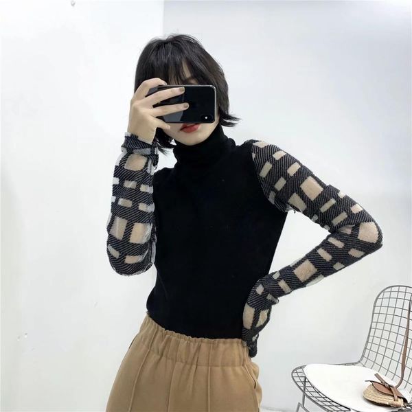 fall winter women knit sweater high neck contrast semi-sheer check long sleeves casual fashion chic pullover 210420, White;black
fall winter women knit sweater high neck contrast semi-sheer check long sleeves casual fashion chic pullover 210420, White;black