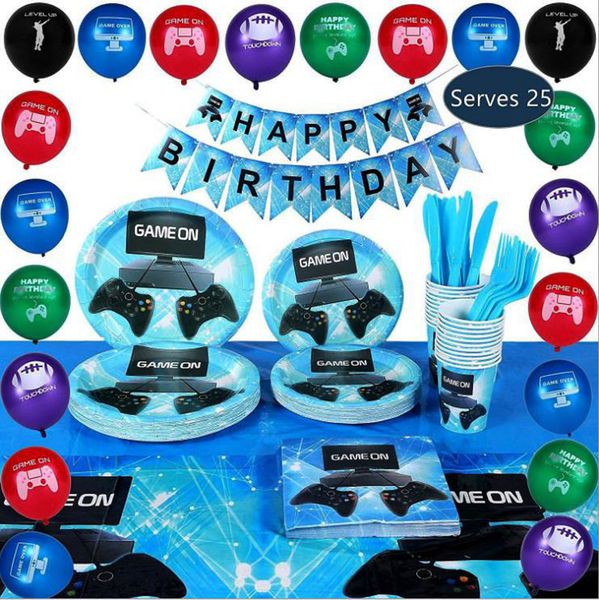 blue game party set tablecloth paper towel tray balloon supplies decoration