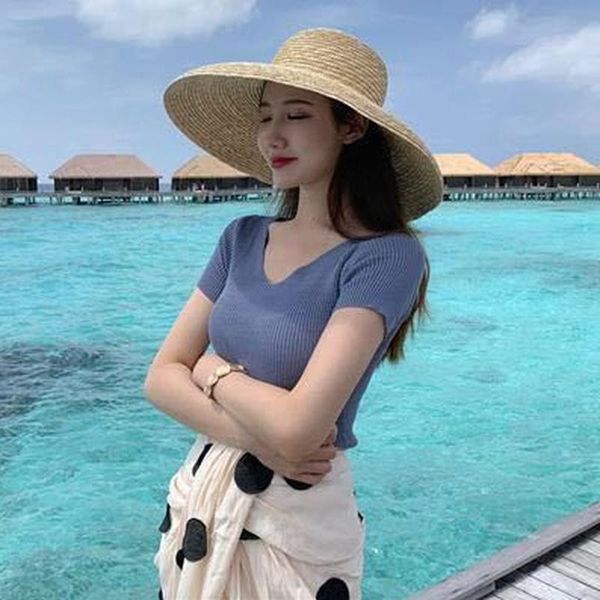 t-shirts women large size summer v-neck short sleeve casual feminine ulzzang outerwear students korean style knitted women's t-shirt, White
