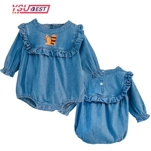 jumpsuits 0-3y toddler kids girl baby boy denim clothes long sleeve bodysuit cartoon squirrel spring jumpsuit outfit, Blue