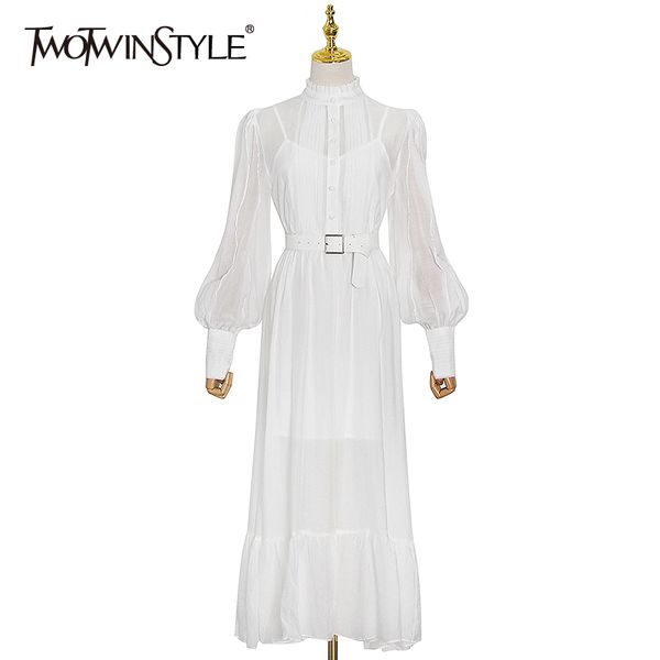 twotwinstyle elegant white dress for women stand collar lantern sleeve high waist sashes midi dresses female fashion clothes 210517, Black;gray
twotwinstyle elegant white dress for women stand collar lantern sleeve high waist sashes midi dresses female fashion clothes 210517, Black;gray