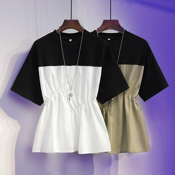 women's t-shirt large-size 2021 summer contrast stitching jacket slim wrinkled short-sleeved, White
women's t-shirt large-size 2021 summer contrast stitching jacket slim wrinkled short-sleeved, White