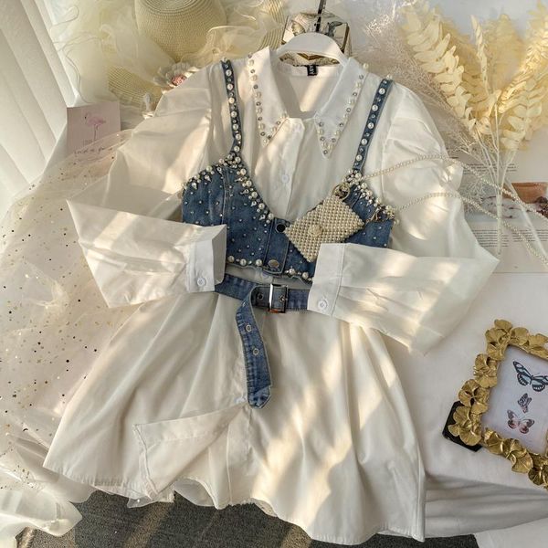 women's blouses & shirts color patchwork linen summer woman dress turn down collar mid waist casual holiday dresses for women denim twi, White
women's blouses & shirts color patchwork linen summer woman dress turn down collar mid waist casual holiday dresses for women denim twi, White