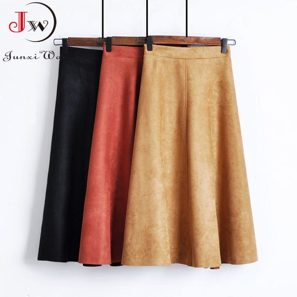 women high waist vintage midi skirt elegant a-line suede spring autumn solid casual knee length office skirts saias 210510, Black
women high waist vintage midi skirt elegant a-line suede spring autumn solid casual knee length office skirts saias 210510, Black