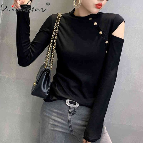 women's t-shirt fall winter mock neck solid korean style t-shirt fashion off shoulder button cotton women ropa mujer tee, White
women's t-shirt fall winter mock neck solid korean style t-shirt fashion off shoulder button cotton women ropa mujer tee, White