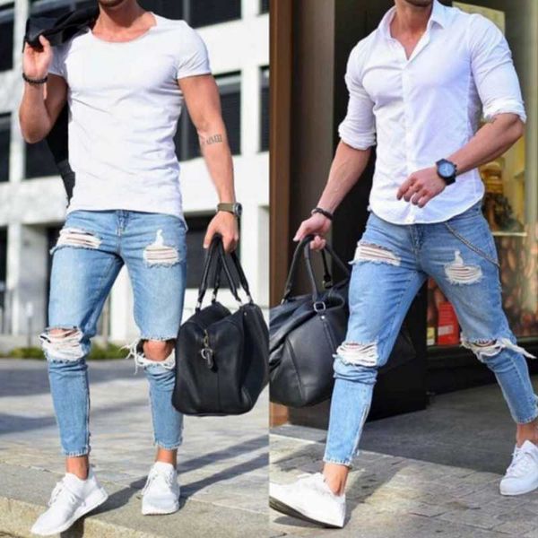 men's ripped jeans streetwear fashion skinny hip hop denim trousers casual for jogging, Blue
men's ripped jeans streetwear fashion skinny hip hop denim trousers casual for jogging, Blue