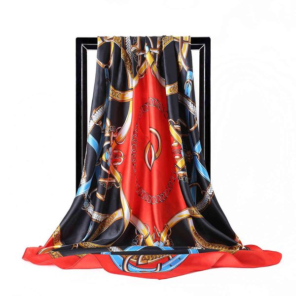 gaohe 90cm large square fashion chain simulation silk headscarf female, Blue;gray 
gaohe 90cm large square fashion chain simulation silk headscarf female, Blue;gray