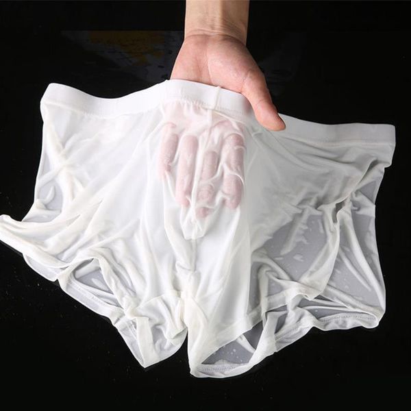 underpants ice silk underwear men seamless transparent boxer shorts ultra thin sheer panties personal cloth seductive a50, Black;white
