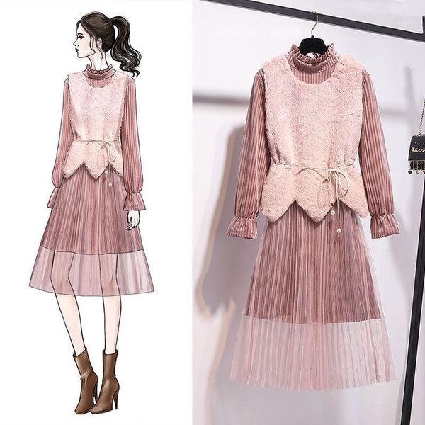 two piece dress ichoix pleated mesh korean style fur vest velvet elegant 2 set long casual women winter dresses 2021, White
two piece dress ichoix pleated mesh korean style fur vest velvet elegant 2 set long casual women winter dresses 2021, White