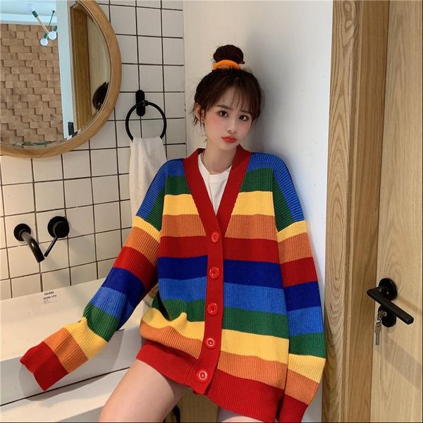 women sweater spring and winter knitted rainbow cardigans for casual loose striped ladies oversize jumper, White;black
women sweater spring and winter knitted rainbow cardigans for casual loose striped ladies oversize jumper, White;black