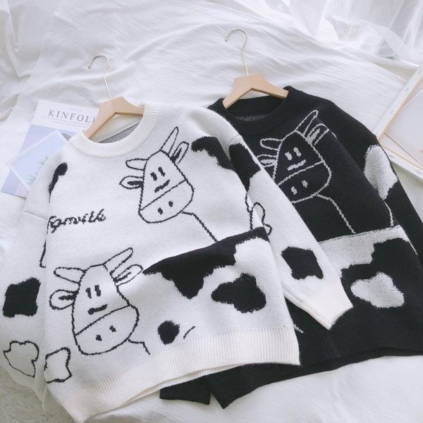 women's korean sweater women loose 2021 autumn and winter style lazy knit jacket cartoon 4134 sweaters, White;black 
women's korean sweater women loose 2021 autumn and winter style lazy knit jacket cartoon 4134 sweaters, White;black