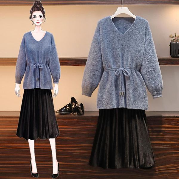two piece dress winter large size ladies' sweet v-neck pullover strap sweater pleated pcs knitted suits women casual outfit knitwear, White
two piece dress winter large size ladies' sweet v-neck pullover strap sweater pleated pcs knitted suits women casual outfit knitwear, White