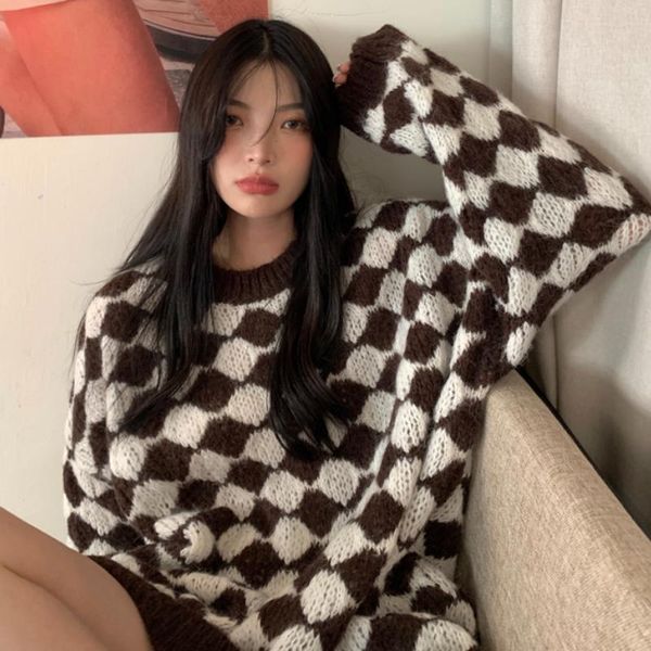 women's sweaters vintage retro coffee color diamond checkerboard sweater korean style spring fall 2021 loose knit women clothing, White;black
women's sweaters vintage retro coffee color diamond checkerboard sweater korean style spring fall 2021 loose knit women clothing, White;black