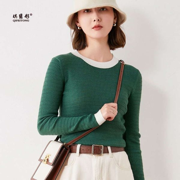 wool blend autumn and winter short round neck slim long sleeve color matching knitted bottomed sweater, White;black
wool blend autumn and winter short round neck slim long sleeve color matching knitted bottomed sweater, White;black