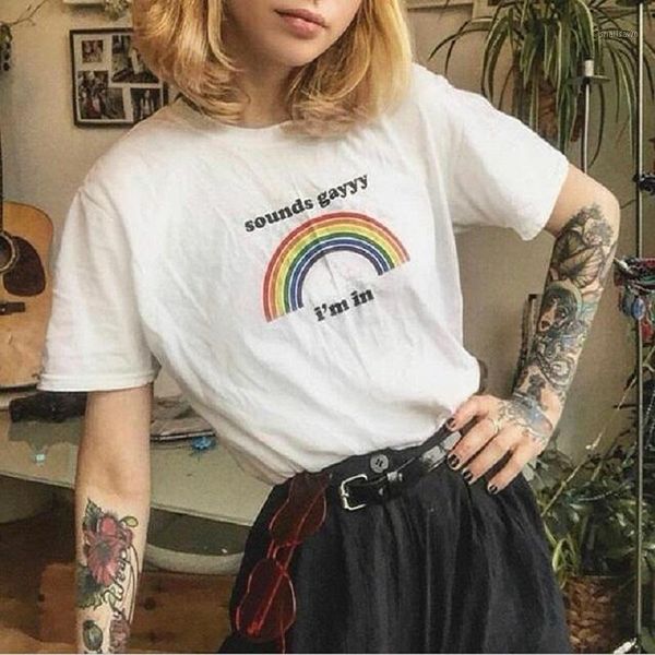 women's t-shirt sounds gayyy i' in rainbow printed t shirt lesbian gay supporters summer fashion cotton tee, White
women's t-shirt sounds gayyy i' in rainbow printed t shirt lesbian gay supporters summer fashion cotton tee, White