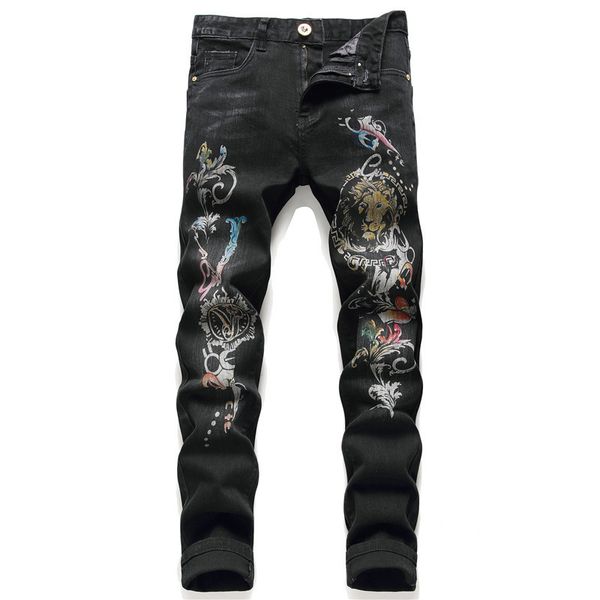 fashion jeans design digital printing guanyin small straight men's micro elastic trend pants 3008, Blue
fashion jeans design digital printing guanyin small straight men's micro elastic trend pants 3008, Blue