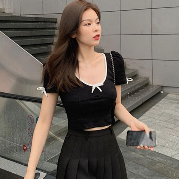 women's t-shirt summer fashion u neck color contrast slim navel exposed knitted short sleeve t shirt, White
women's t-shirt summer fashion u neck color contrast slim navel exposed knitted short sleeve t shirt, White
