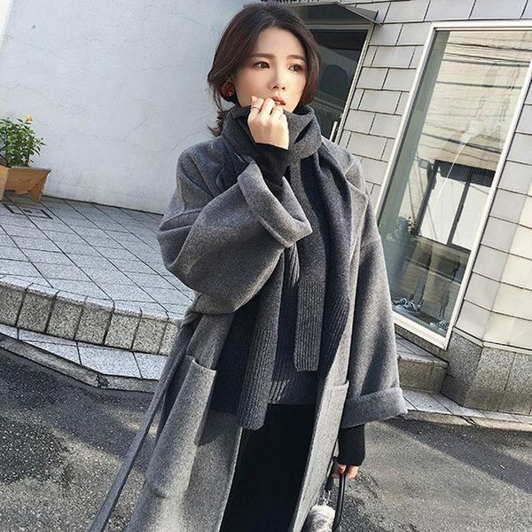 women's wool & blends autumn winter women woolen oversize cashmere trench outerwear female loose blend long coat with belt, Black
women's wool & blends autumn winter women woolen oversize cashmere trench outerwear female loose blend long coat with belt, Black