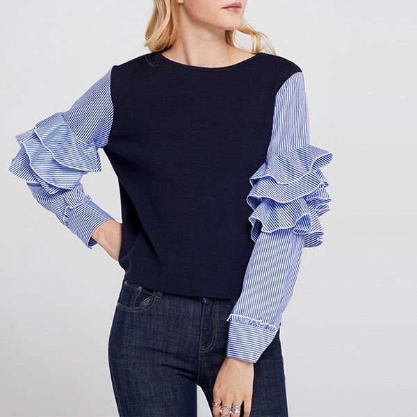 women's blouses & shirts 2021 women sweet ruffles striped blue long sleeve spring patchwork knitted blouse ladies european style fashio, White
women's blouses & shirts 2021 women sweet ruffles striped blue long sleeve spring patchwork knitted blouse ladies european style fashio, White