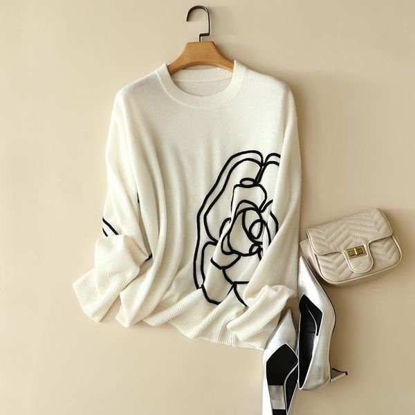 women's sweaters designers 100% cashmere hand made embroidery loose pullovers, White;black
women's sweaters designers 100% cashmere hand made embroidery loose pullovers, White;black