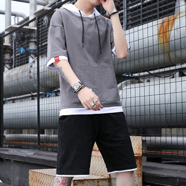 casual suit men's hooded summer sweater short t-shirt medium five point t-shirt half sved cloth fashion brand, Black
casual suit men's hooded summer sweater short t-shirt medium five point t-shirt half sved cloth fashion brand, Black