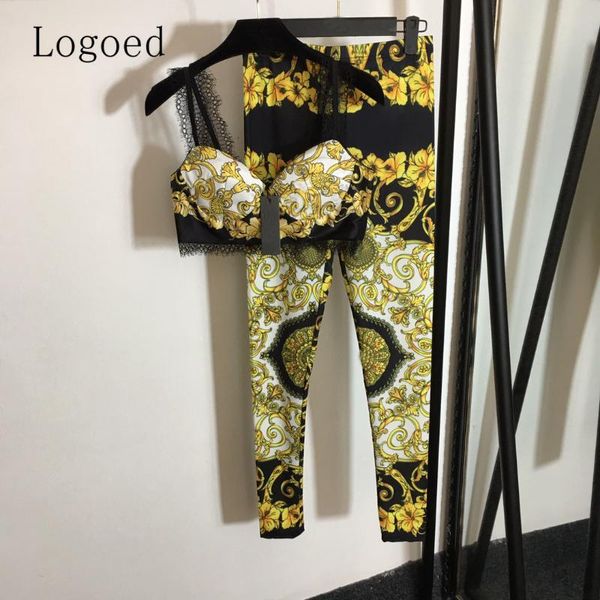 women's two piece pants retro printing fashion lace suit slim bra suspender + high waist casual tights set, White
women's two piece pants retro printing fashion lace suit slim bra suspender + high waist casual tights set, White