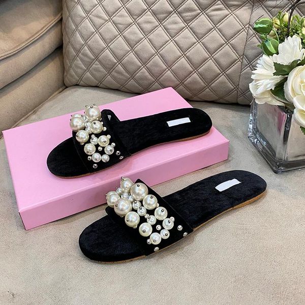 slippers flat shoes women's fashion beautiful pearls female velvet, Black