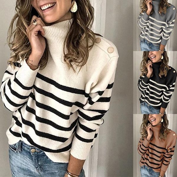 women's sweaters autumn and winter long-sleeved loose women knit high neck pullover button striped sweater, White;black
women's sweaters autumn and winter long-sleeved loose women knit high neck pullover button striped sweater, White;black
