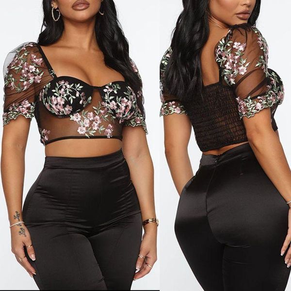 women summer short puff sleeve crop transparent mesh square neck shirt floral leaves embroidery sheer blouse streetwear women's blo, White
women summer short puff sleeve crop transparent mesh square neck shirt floral leaves embroidery sheer blouse streetwear women's blo, White