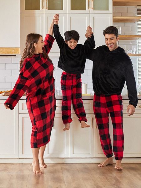 plus 1pc buffalo plaid print drop shoulder hooded teddy night dress u5ij#, Black;white
plus 1pc buffalo plaid print drop shoulder hooded teddy night dress u5ij#, Black;white