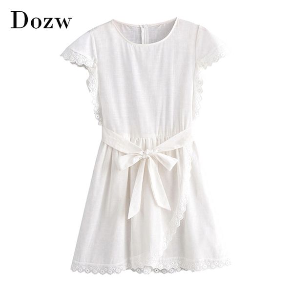 women lace patchwork white cotton dresses short sleeve solid casual sashes female o neck summer elegant mini 210515, Black;gray
women lace patchwork white cotton dresses short sleeve solid casual sashes female o neck summer elegant mini 210515, Black;gray
